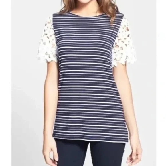 Anthro Sunday in Brooklyn striped floral eyelet lace ss top size S in EUC